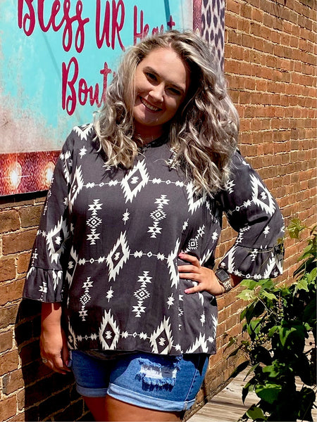 grey aztec with bell sleeves top TOP1427